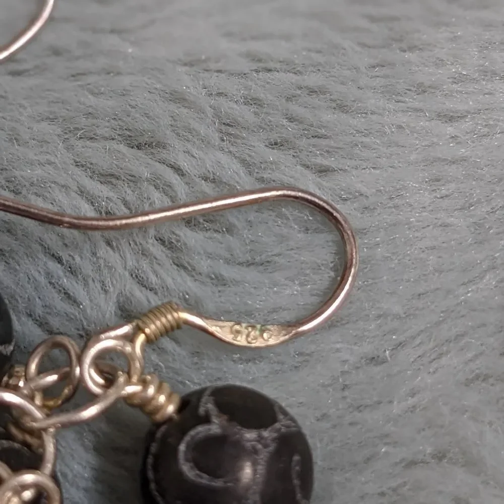 Vintage Artisan Made Carved Ceramic Bead Dangle Earrings on Sterling Silver - Picture 8 of 10